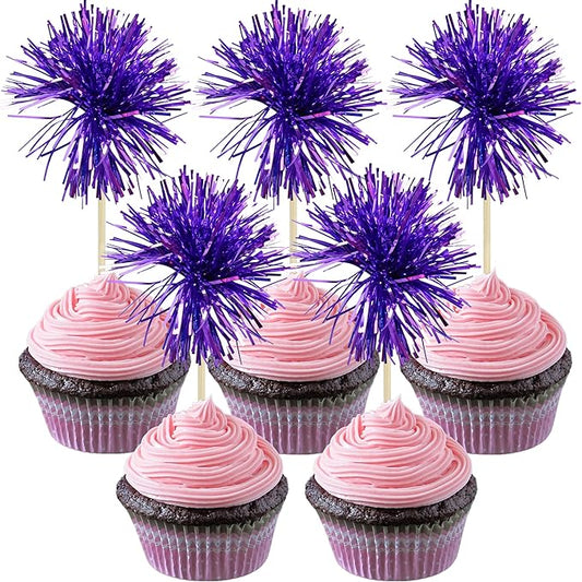 30Pcs Foil Firework Cupcake Toppers Sparkle Tinsel Cake