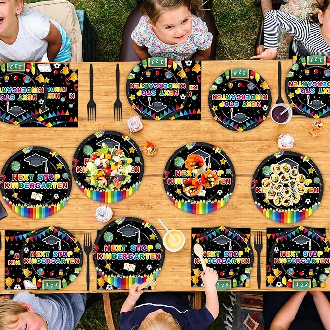 96Pcs Preschool Graduation Plates and Napkins Next Stop Kindergarten