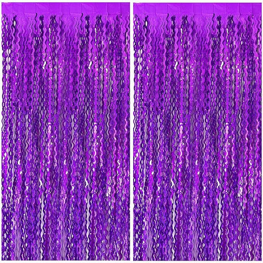 2 Pack Purple Backdrop Tinsel Foil Fringe Curtains Sparkle Metallic