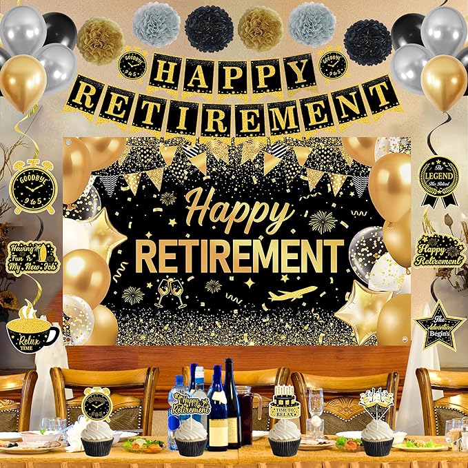 Black Gold Retirement Party Decorations Happy Retirement Banner