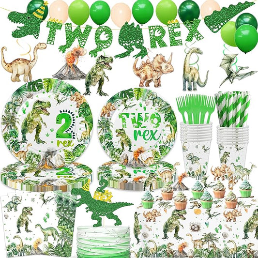 206 Pcs Dinosaur 2nd Birthday Party Supplies Green Dino Two Rex