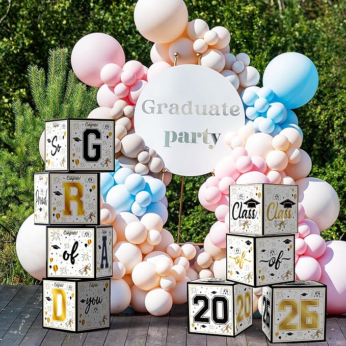 OHOME 8 Pack Graduation Decorations 2026 - Black Gold Balloon Boxes