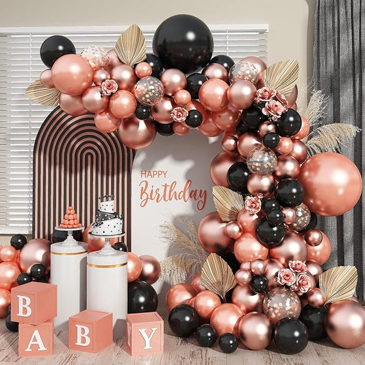 Rose Gold and Black Balloon Arch Kit 102pcs Matte Black and Metallic