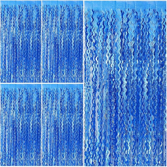 Blue Tinsel Foil Fringe Curtains Wavy Backdrop for Parties Sparkle