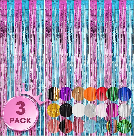Voircoloria 3 Pack 3.3x8.2 Feet Blue and Pink Foil Fringe Backdrop