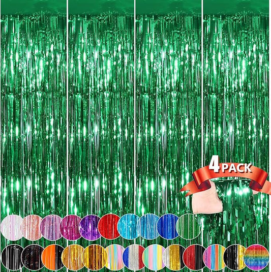 Green Metallic Tinsel Foil Fringe Curtains, 4 Pack 3.3x8.3 Feet Party