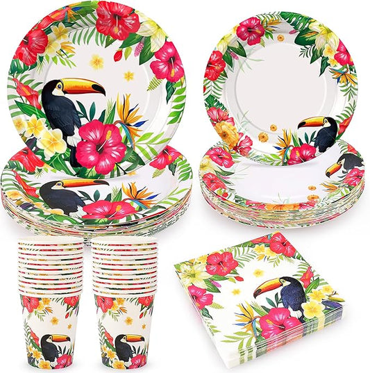 96PCS Tropical Plates and Napkins Hawaiian Cups Luau Party Tableware
