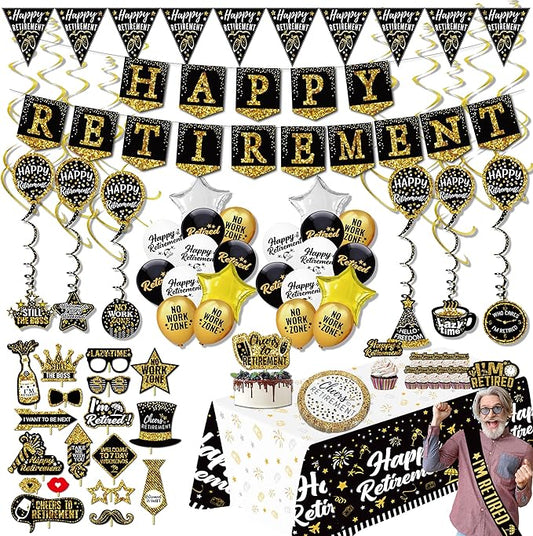 Happy Retirement Party Decorations supplies 80pack black gold party