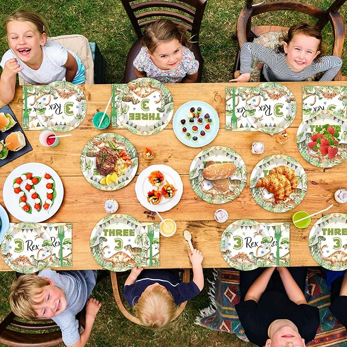 96PCS Dinosaur 3rd Birthday Party Paper Plates and Napkins and Forks