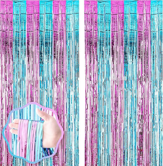 Voircoloria 2 Pack 3.3x8.2 Feet Blue and Pink Foil Fringe Backdrop