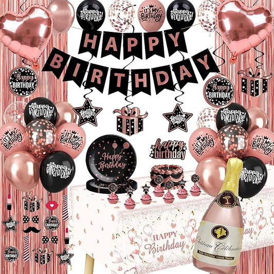 Rose Gold and Black Birthday Decorations Party Supplies Kit with