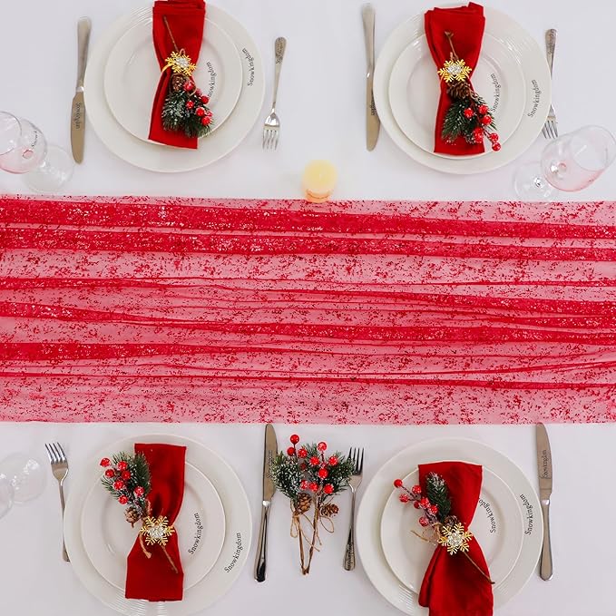 Snowkingdom Red Christmas Table Runner 10 FT, Glitter Metallic Foil