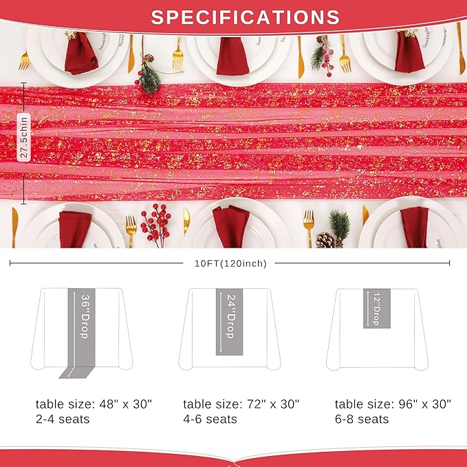 Red Gold Table Runner Gauze 10FT Sparkly Sequin Glitter