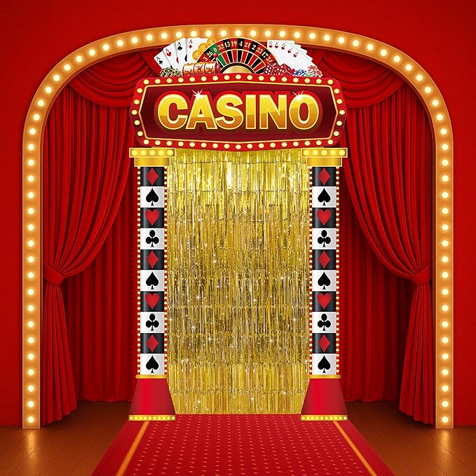 3 Pcs Casino Night Porch Sign Banner with Fringe Backdrop Curtains