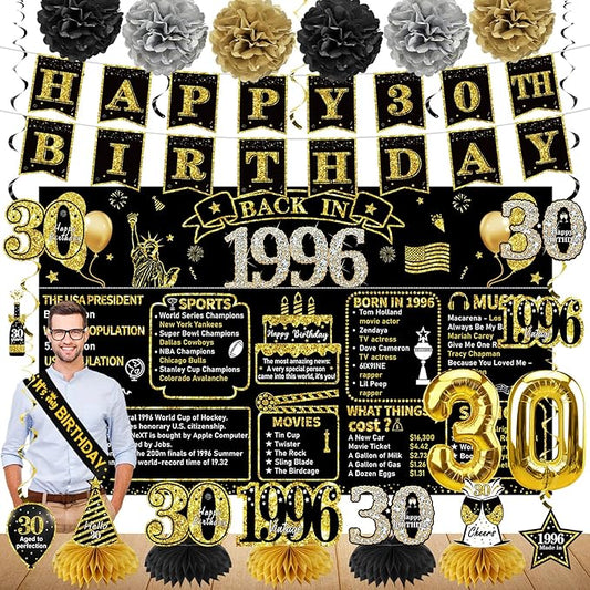30th Birthday Decorations for Men Women 21pcs the Year 1996 Banner