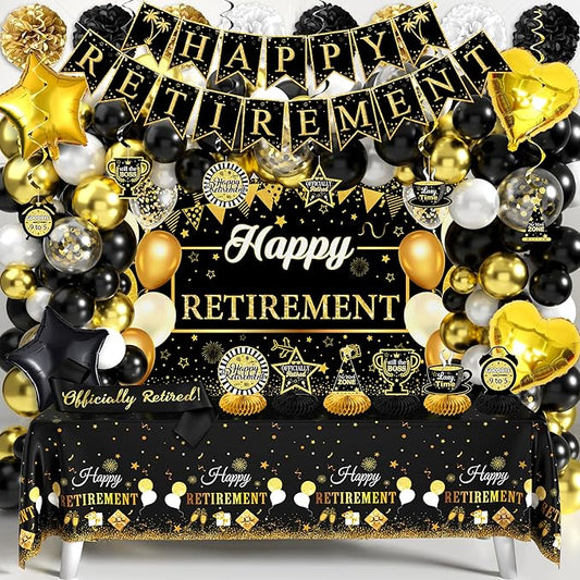 Retirement Party Decorations for Men Women 109Pcs Black Gold Happy