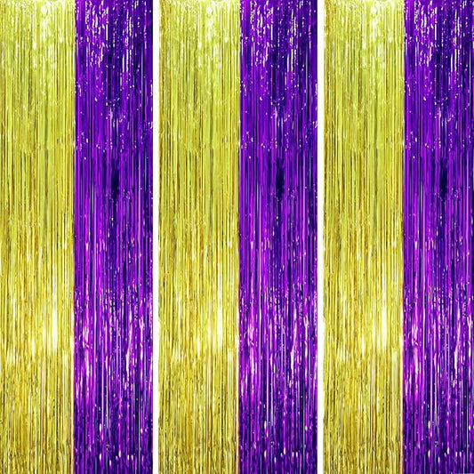 3 Pack 3.3 x 8.2 ft Purple and Gold Foil Fringe Backdrop