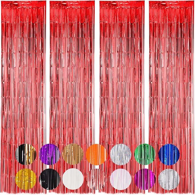 Voircoloria 4 Pack Red Foil Fringe Backdrop Curtains, Tinsel