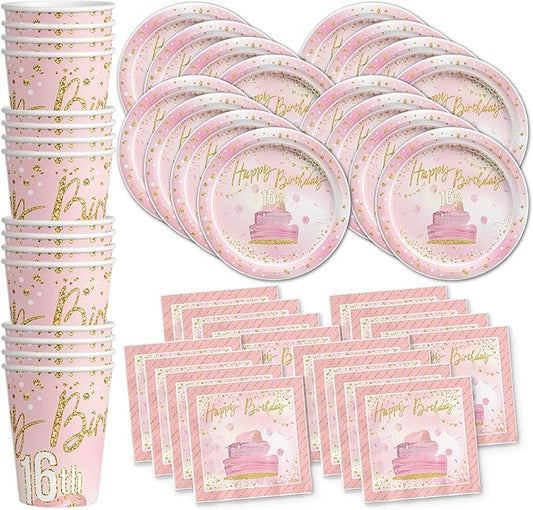 Sweet 16 Pink and Gold Birthday Party Supplies Set Plates Napkins