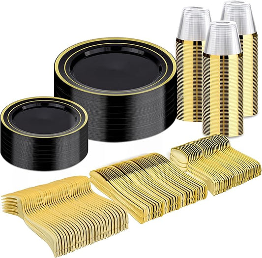300PCS Black Gold Dinnerware Set for 50 Guests, Plastic
