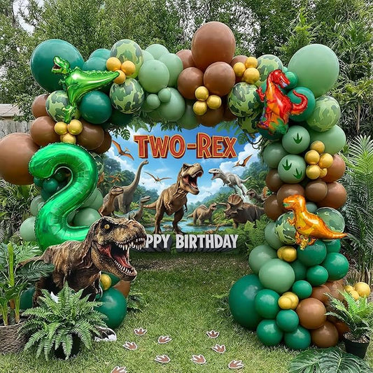 Dinosaur Two Rex Birthday Decorations include Hunter Green Brown