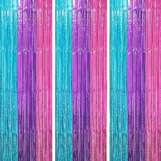 Voircoloria 3 Pack 3.3 x 8.2 ft Blue Purple Pink Foil Fringe Backdrop