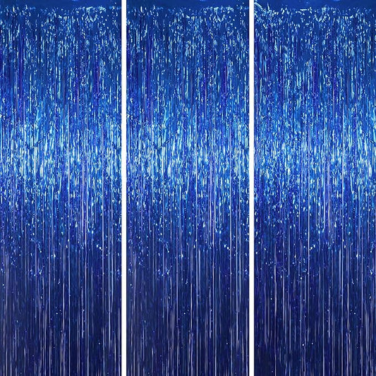 Voircoloria 3 Pack 3.3x8.2 Feet Blue Foil Fringe Backdrop Curtains,