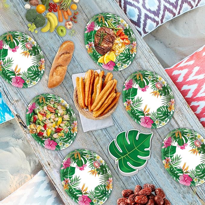 50PCS Hawaiian Luau Party Oval Paper Plates Green Leaf Shape Napkins
