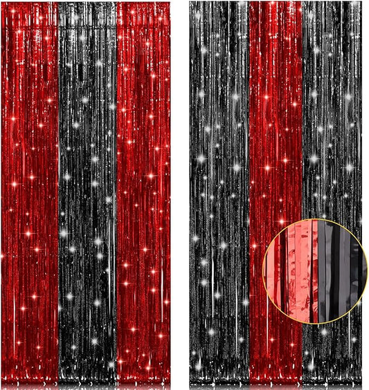 PIGETALE, 2 Pack 3.2x8.2 Feet Black and Red Foil Fringe Curtains