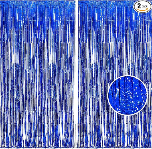 BRAVESHINE Blue Tinsel Foil Fringe Curtains - 2Pcs 3.2x8.2 ft