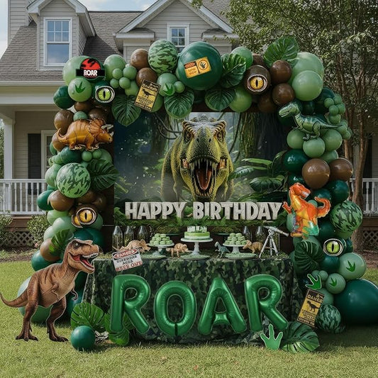 Dinosaur Birthday Decorations with Hunter Green Brown balloon arch &