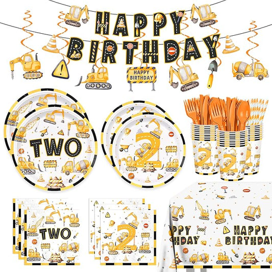 201pcs Construction 2nd Birthday Party Decorations 2nd Plates