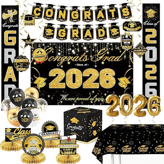 Graduation Decorations 2026 Black and Gold Party Supplies