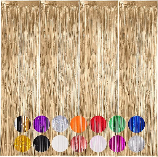 Voircoloria 4 Pack Champagne Foil Fringe Backdrop Curtains, Tinsel
