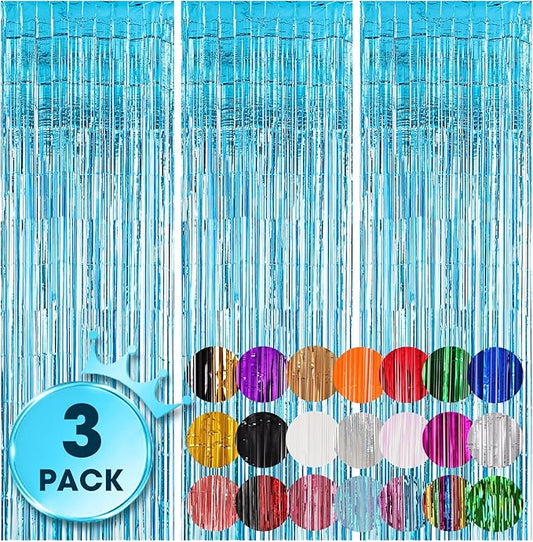 Voircoloria 3 Pack 3.3x8.2 Feet Light Blue Foil Fringe Backdrop
