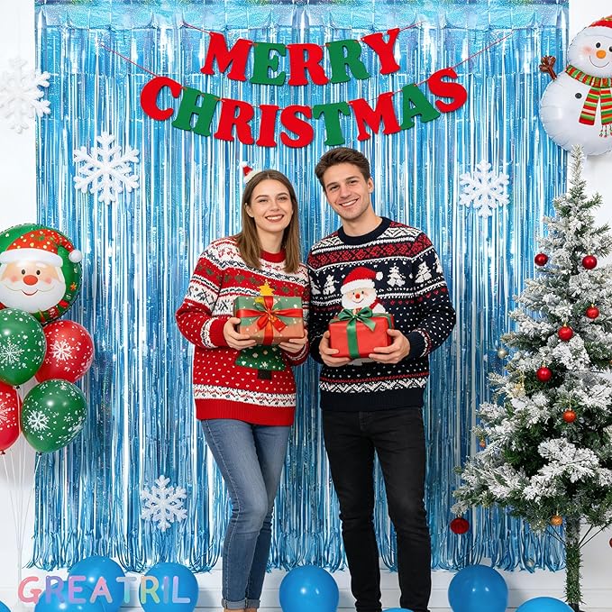 Blue Tinsel Curtain Party Backdrop - GREATRIL Foil Curtain Party