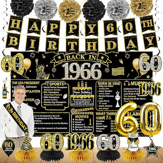 60th Birthday Decorations for Men Women 21pcs the Year 1966 Banner