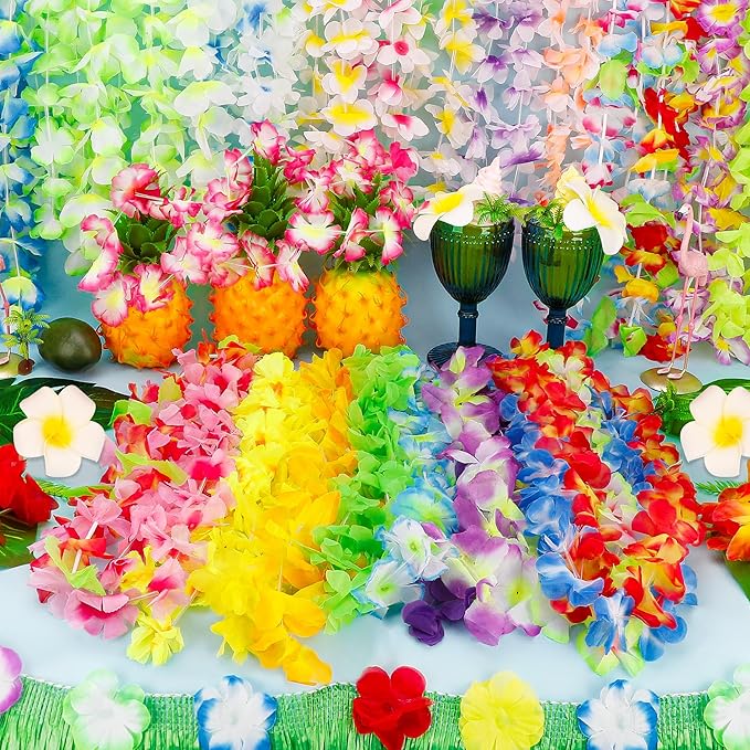 Arrowom 24pcs Hawaiian Leis Bulk Luau Party Silk Flower Necklace