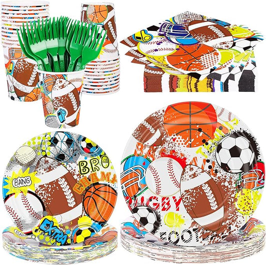 144 Pieces Sports Themed Paper Plates and Napkins Dinnerware Set