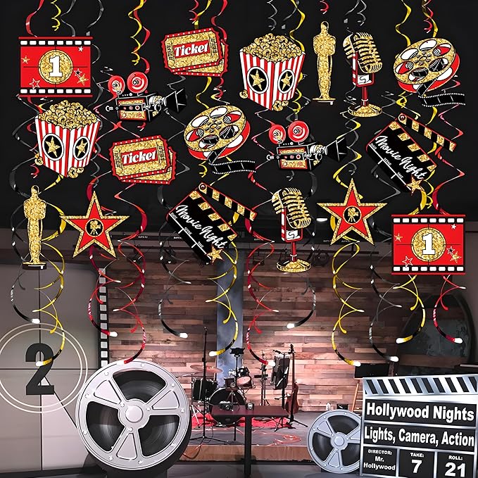 48CT Movie Night Hanging Swirls Decorations Red Gold and Black