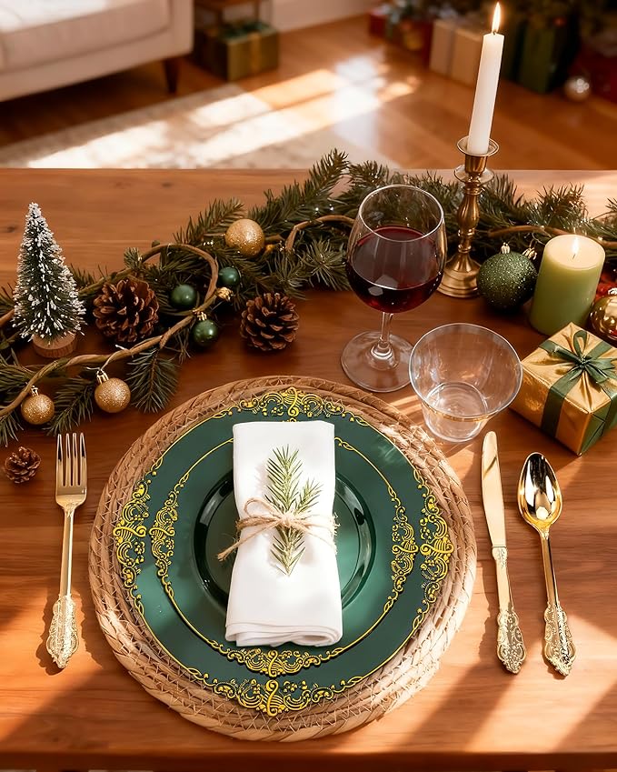 Nervure 175PCS Green Plastic Plates - Disposable Green Gold Party