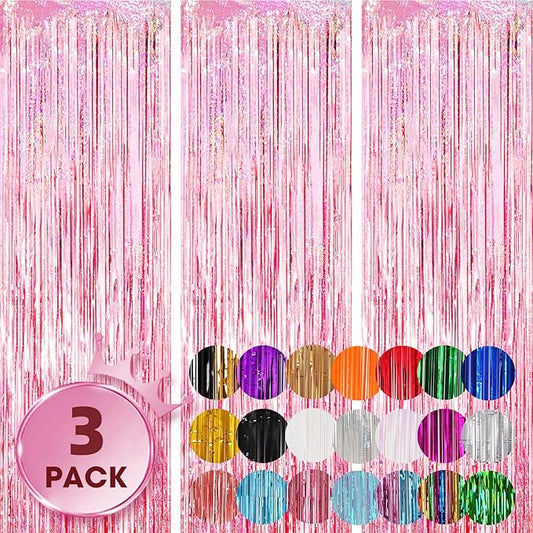 Voircoloria 3 Pack 3.3x8.2 Feet Laser Pink Foil Fringe Backdrop