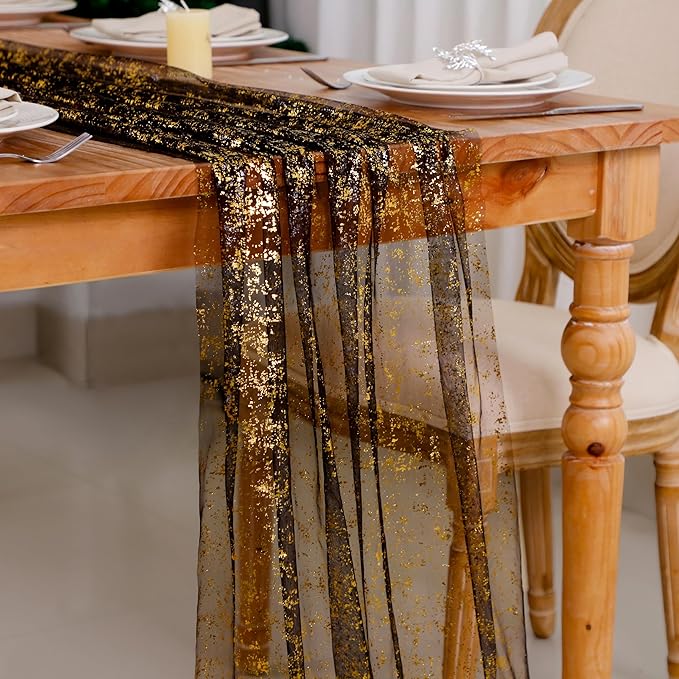 10 Pcs Black & Gold Cheesecloth Table Runner 10 FT, Sheer