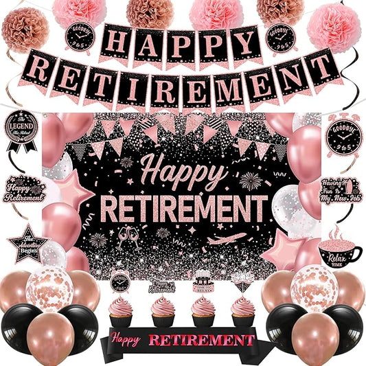 Rose Gold Retirement Decorations for Women Happy Retirement Banner