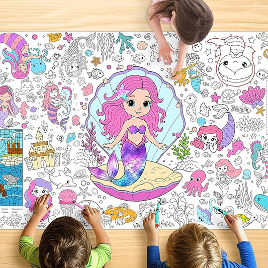 Mermaid Coloring Tablecloth for Kids 30x72 Inch Poster with Mermaids