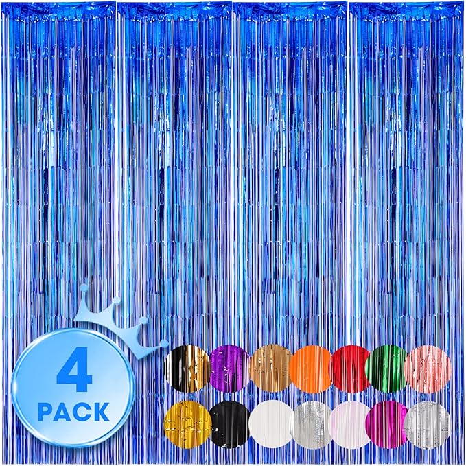 Voircoloria 4 Pack Blue Foil Fringe Backdrop Curtains, Tinsel