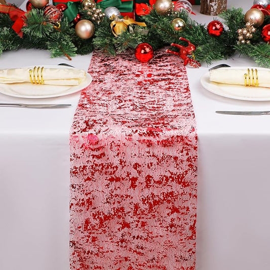 Red Sparkly Table Runner Sequin Glitter Metallic Foil