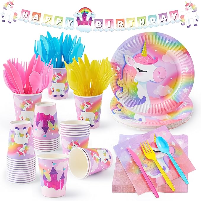 145 Pcs Unicorn Birthday Party Supplies with Unicorn Banner for