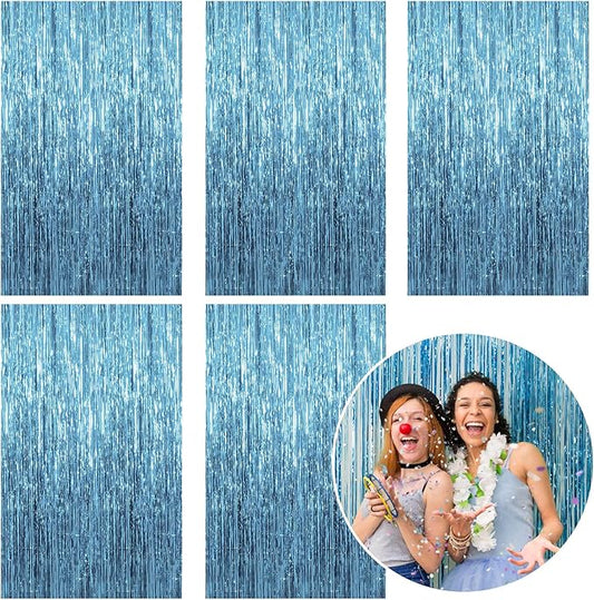 5 Pack Foil Curtain Backdrop Blue Metallic Tinsel Foil Fringe Curtains