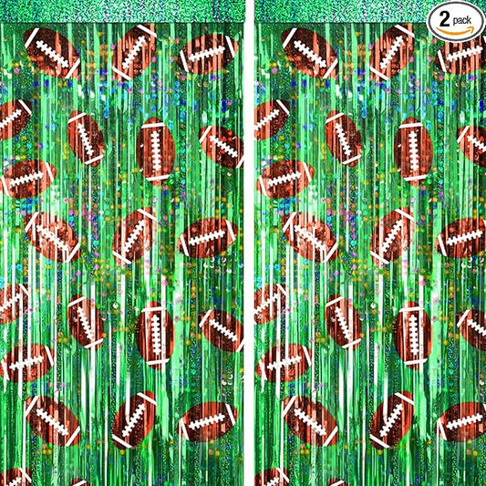 2 Packs Football Foil Fringe Curtain, Green Glitter Metallic Tinsel